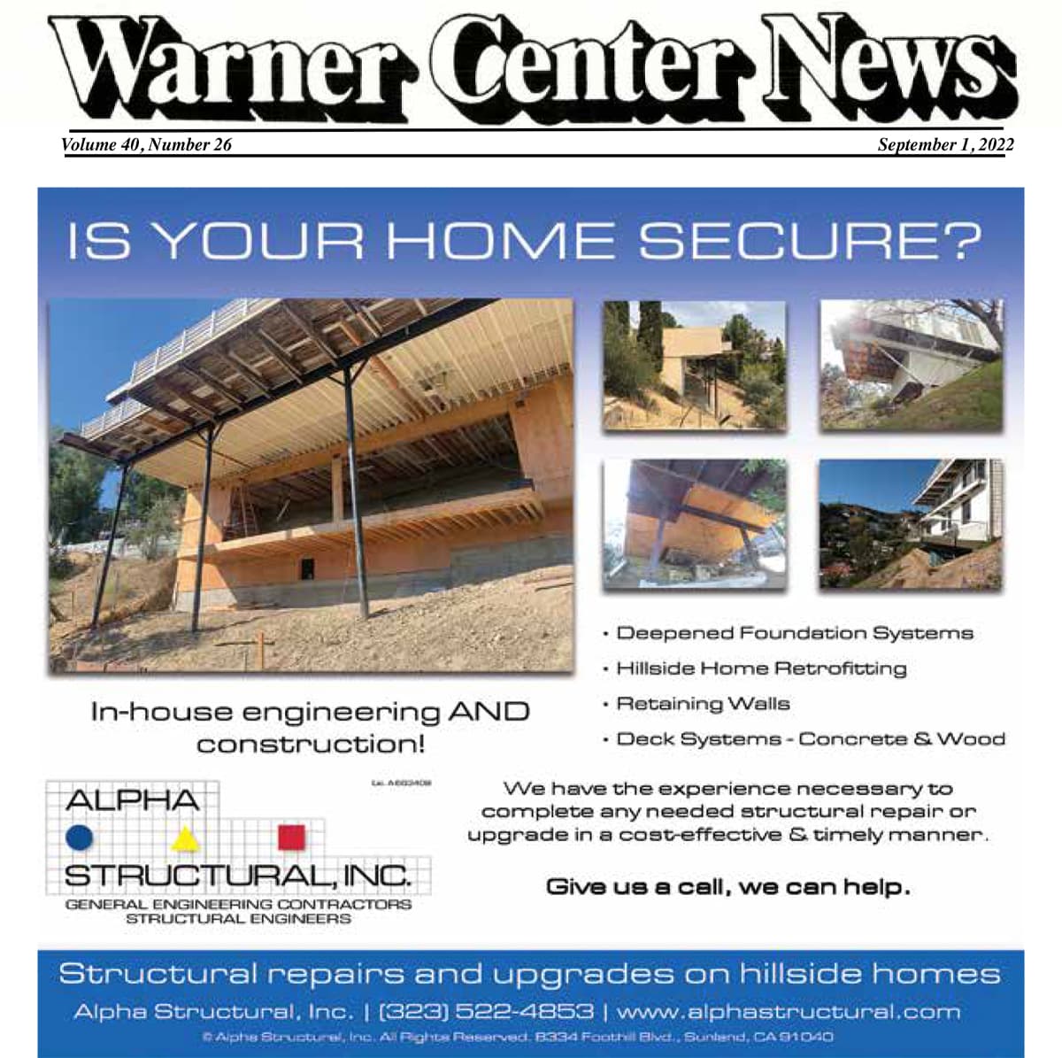 Alpha Structural, Inc Featured in Warner Center News